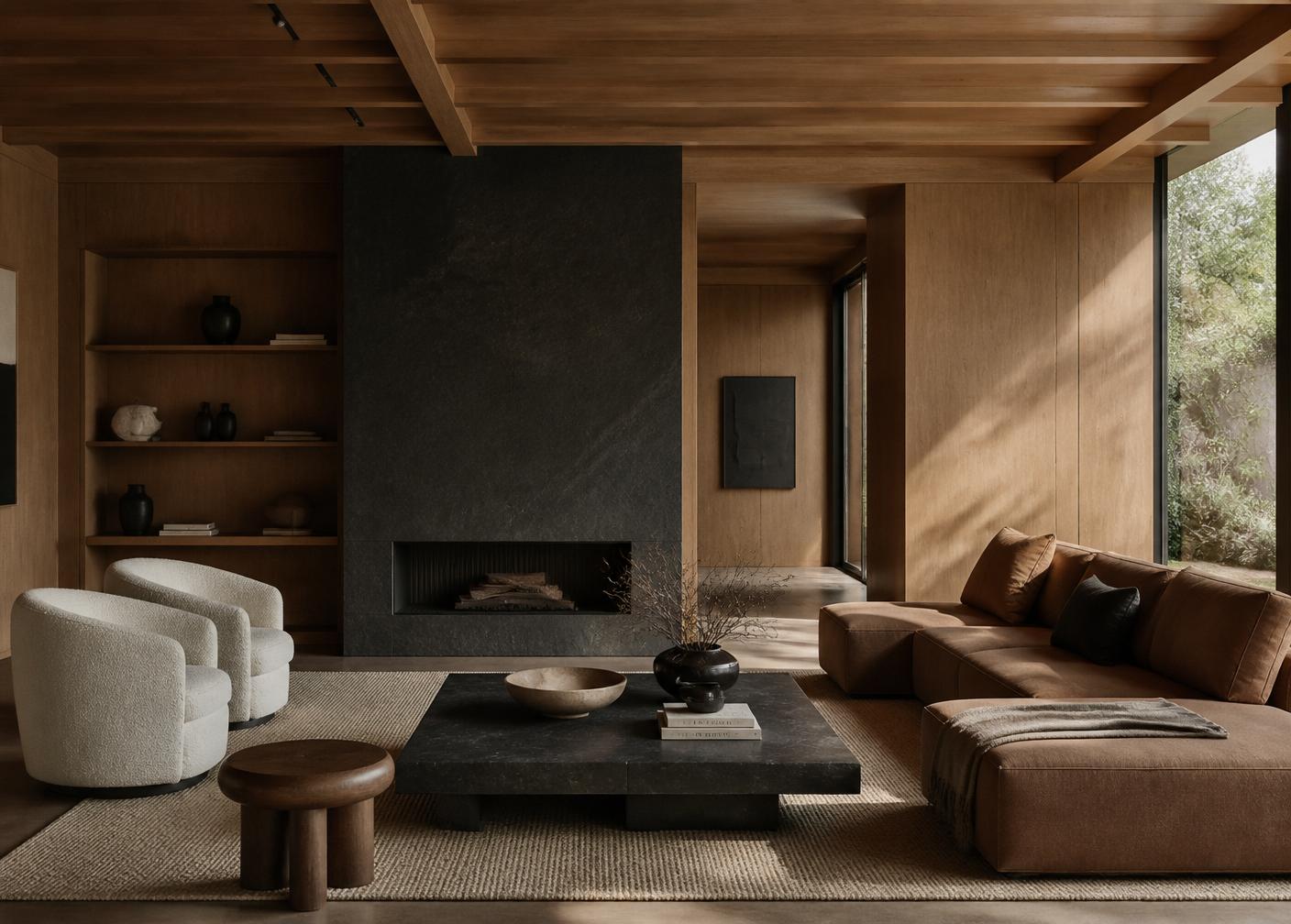 Living room of a private residence in natural stone and solid oak