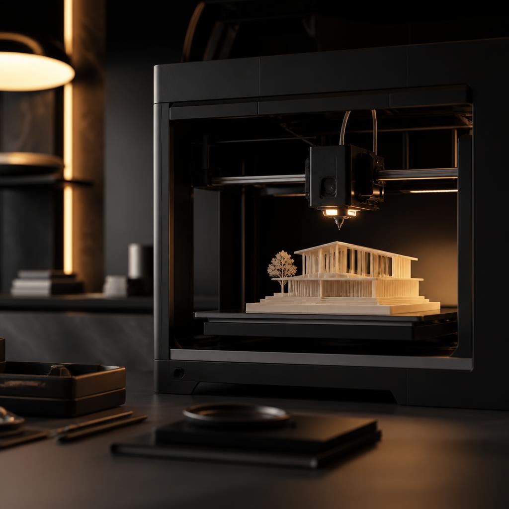 3D printer producing an architectural prototype inside the Bambum workshop